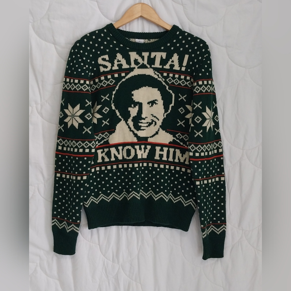 Elf Mens Size Small Elf Movie "Santa! I Know Him" Green Christmas Sweater